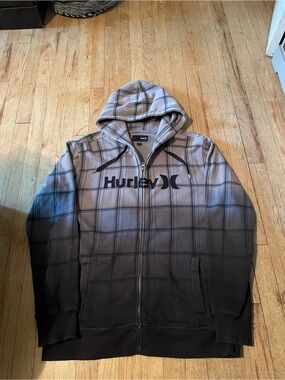 Hurley Gray Plaid Zip-Up Hoodie with Black Logo